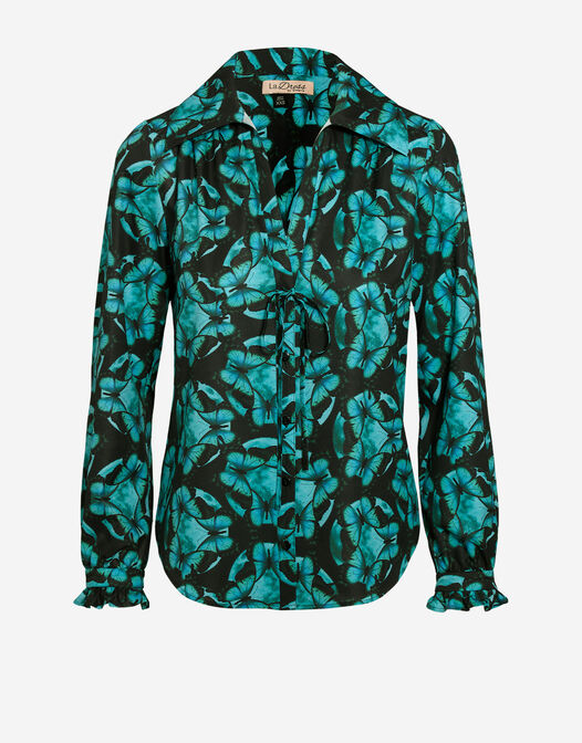blouse met lange mouwen en ruche mouwen Mila groen print packshot