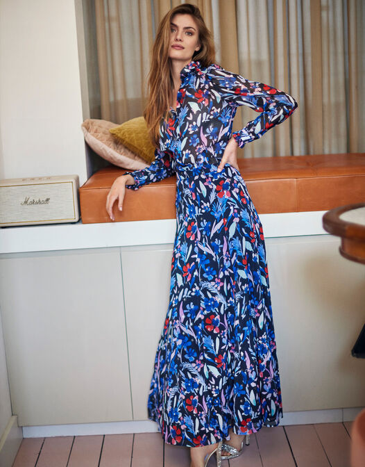 blouse blauwe print met ruches Tara met rok