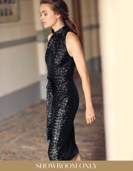 glitterjurk met sash en halter zwart