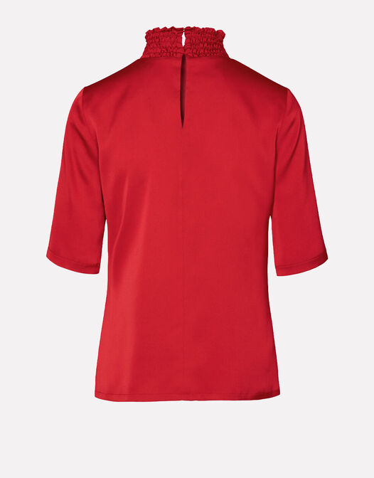 satijnen blouse met kraag en korte mouwen rood Sinead packshot achterkant