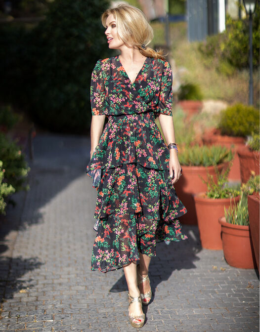 midi jurk met lagen chiffon crepe Naomi rode bloemenprint