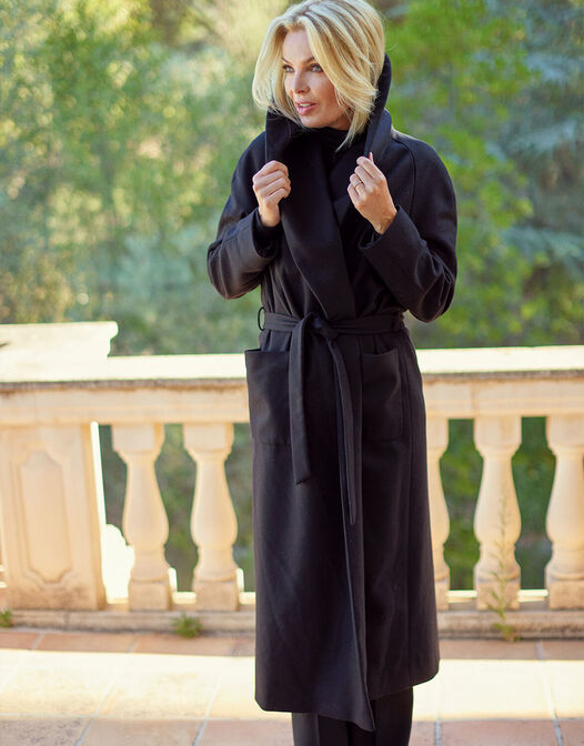 zwarte lange jas wol met kraag