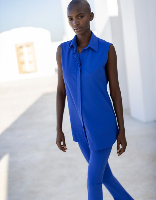 mouwloze tuniek jersey lycra met knopen blauw Amy 